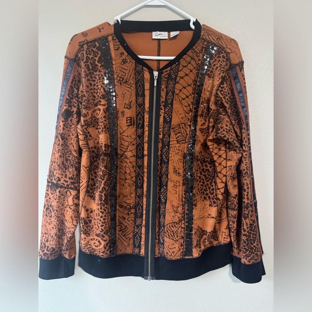 Vintage spa by Chicos Brown sequins cheetah print Asian inspired zipup statement - Picture 2 of 5